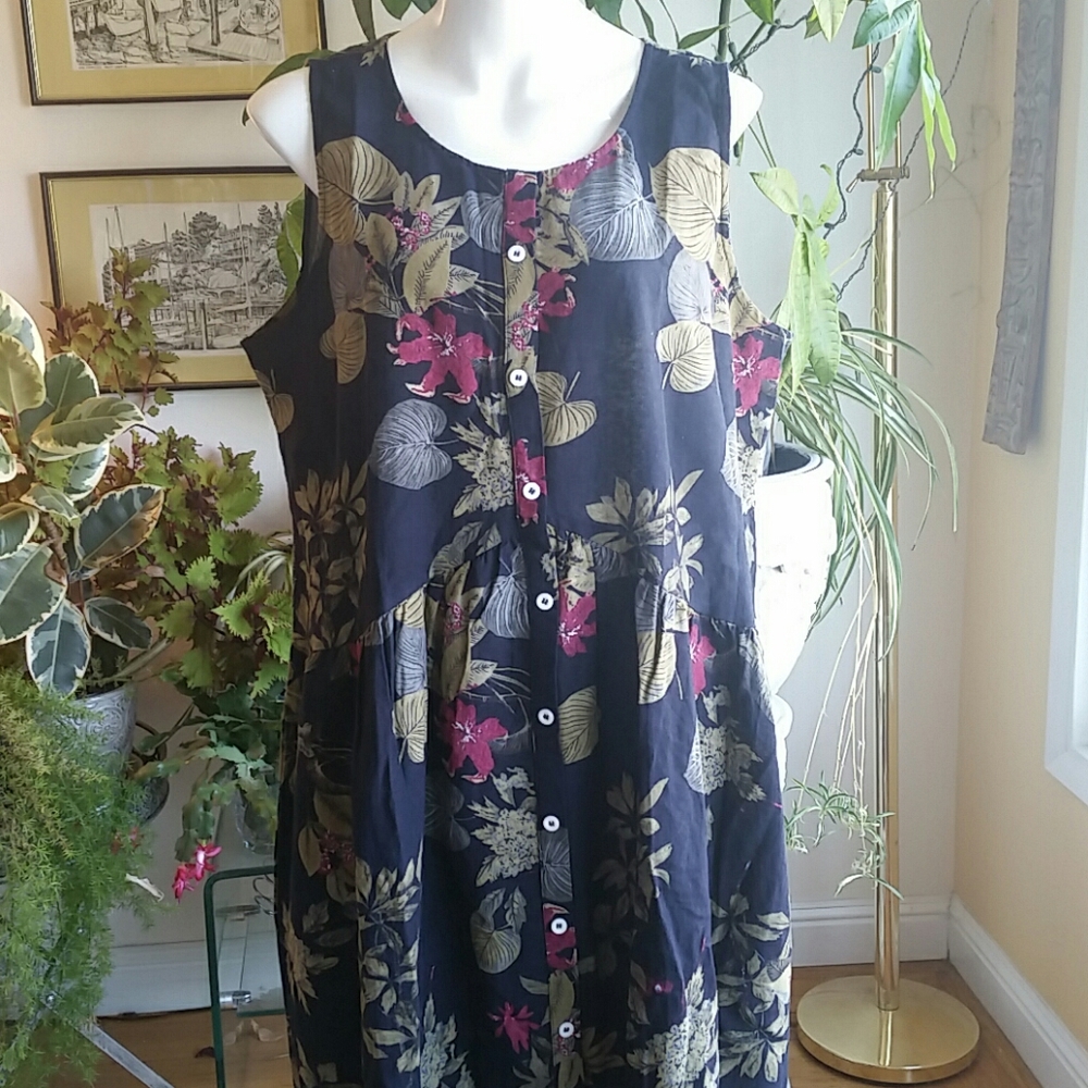Floral Tropical Black 100% Cotton Maxi Fit And Flare Dress Size 2XL